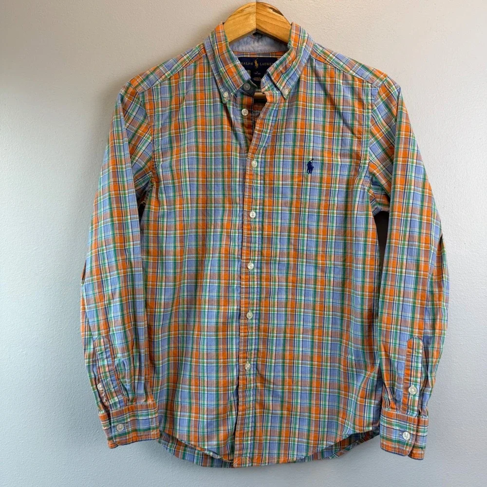 Ralph Lauren Boys Orange Blue Plaid Button Down Shirt Size L 14-16 Long Sleeve